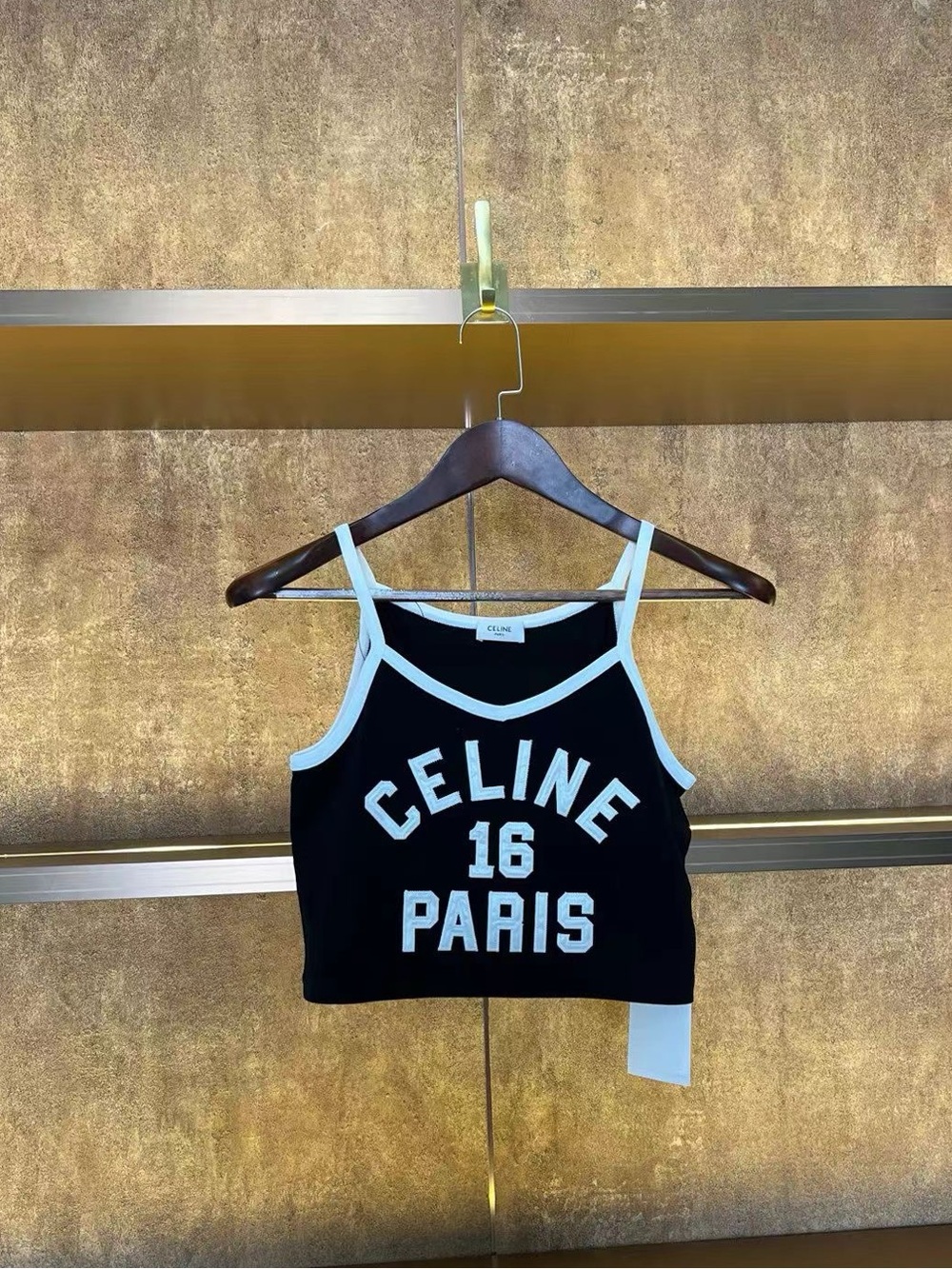 Celine Black Crop Tank with White Trim and Logo
